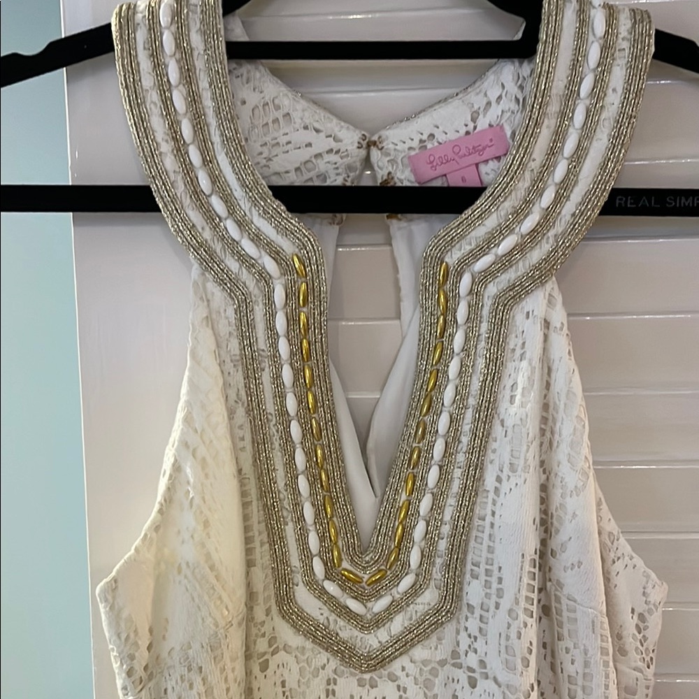 Elegant White Lace Dress with Gold Accents - Picture 2 of 4